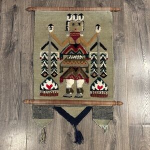 Vintage Native American Hand Woven Wool Wall Hanging Rug Tribal Man Navajo Yei?